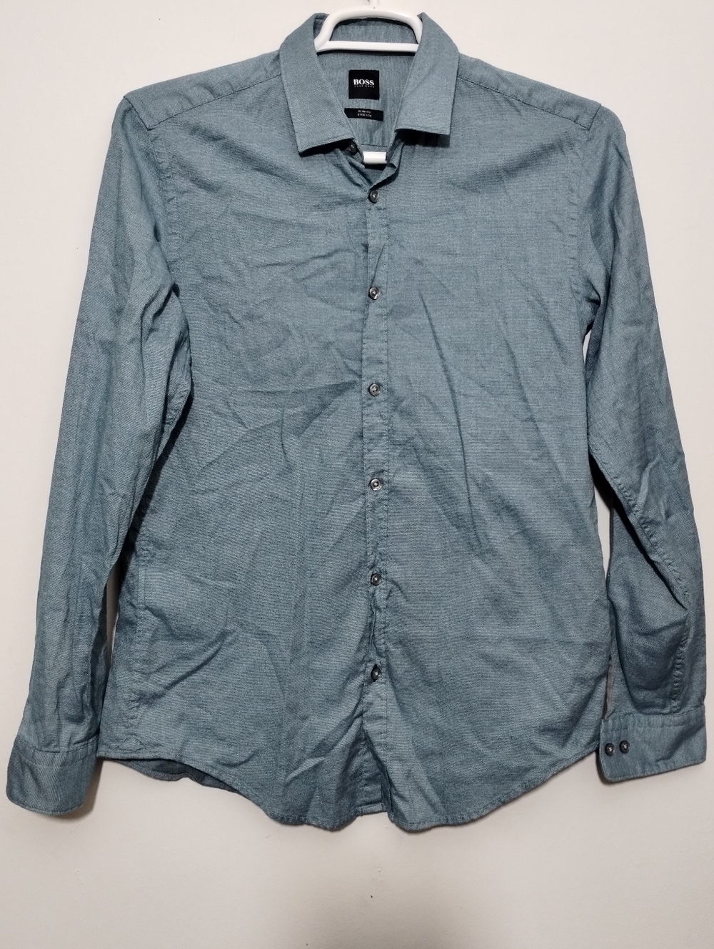 Hugo Boss Men's M Slim Fit Stretch Button-Down Shirt in Teal Blue Long Sleeve